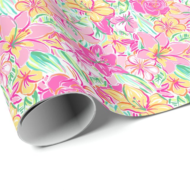 Preppy Palm Beach Print Pink & Yellow Lily Flowers Wrapping Paper (Roll Corner)
