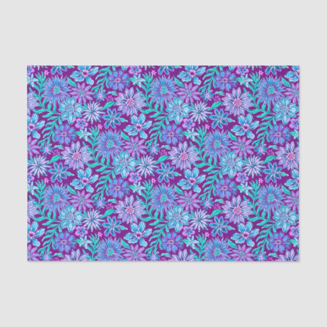 Preppy Palm Beach Print Purple & Blue Flowers Tissue Paper (Front)