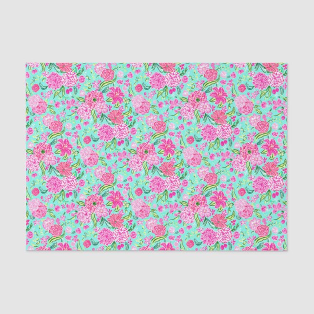 Preppy Palm Beach Print Teal with Pink Flowers Tissue Paper (Front)