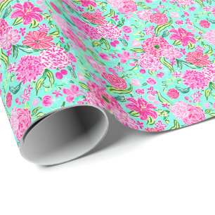 Preppy Palm Beach Print Teal with Pink Flowers Wrapping Paper