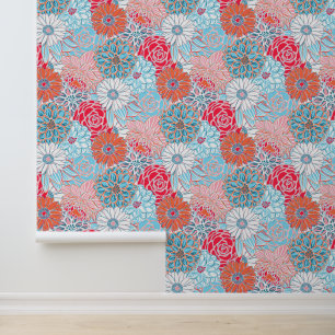 Preppy Palm Beach Red Orange and Blue Flowers Wallpaper