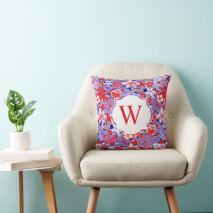 Preppy Palm Beach Red White Blue Flowers Monogram Throw Pillow