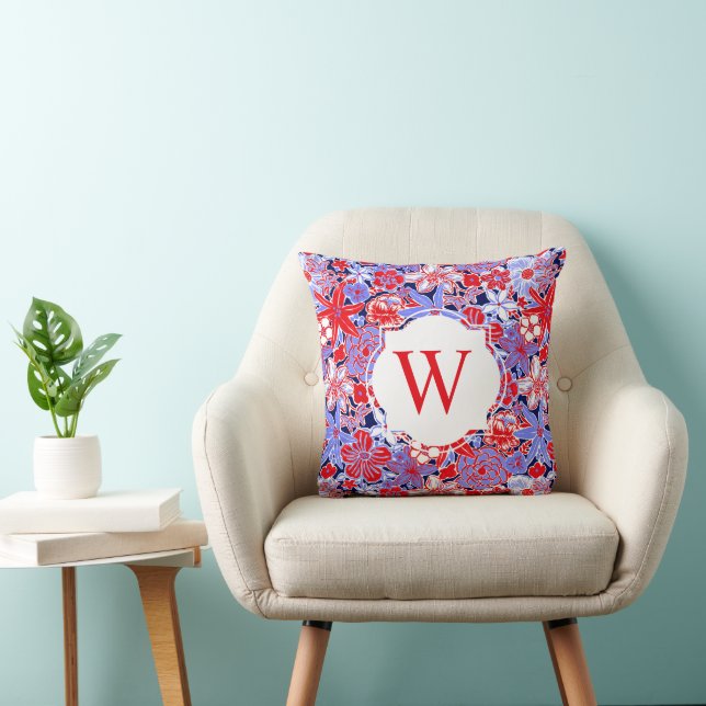 Preppy Palm Beach Red White Blue Flowers Monogram Throw Pillow (Chair)