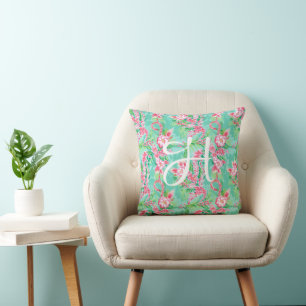 Preppy Palm Beach Tropical Flowers Monogram Throw Pillow