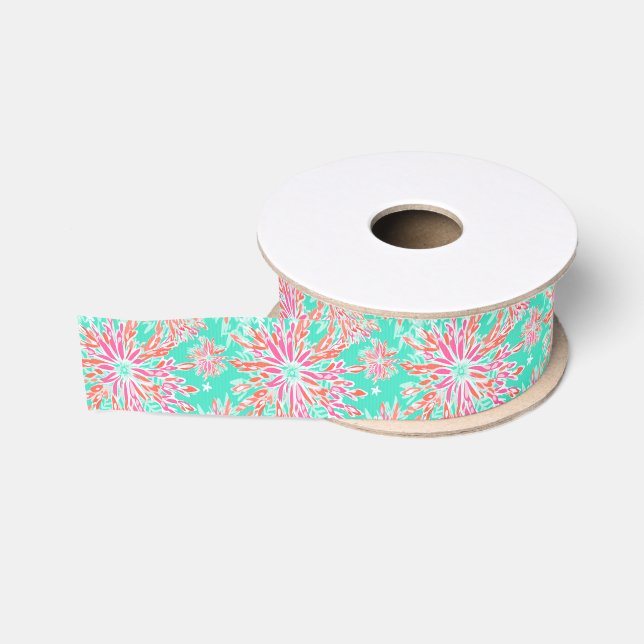 Preppy Palm Beach Tropical Flowers Pattern Grosgrain Ribbon (Spool)