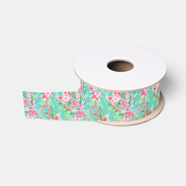 Preppy Palm Beach Tropical Flowers Pattern Grosgrain Ribbon (Spool)