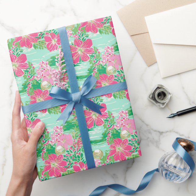 Preppy Palm Beach Tropical Flowers Pattern Wrapping Paper (Gifting)