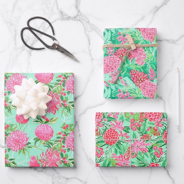 Preppy Palm Beach Tropical Flowers Pattern Wrapping Paper Sheet (Front)