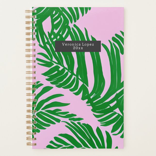Preppy Palm Leaves Pink And Green Planner (Front)
