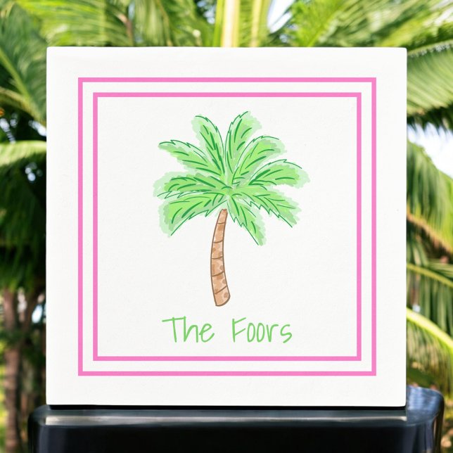 Preppy Palm Tree Personalized Border Lunch Dinner Napkin (Creator Uploaded)