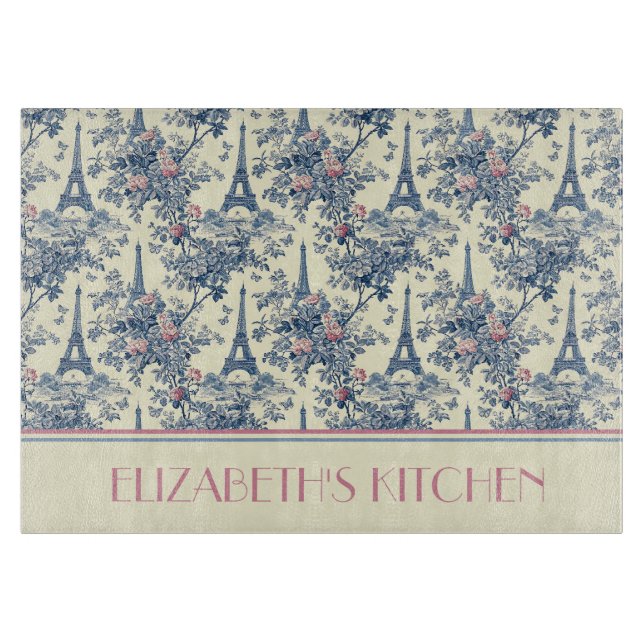 Preppy Paris Toile Pink and Blue Monogram Cutting Board (Front)