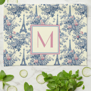 Preppy Paris Toile Pink and Blue Monogram Kitchen Towel