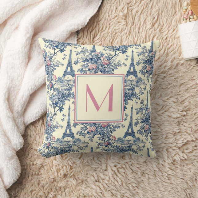 Preppy Paris Toile Pink and Blue Monogram Throw Pillow (Blanket)