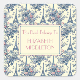 Preppy Parisian Toile Eiffel Tower Bookplate Square Sticker