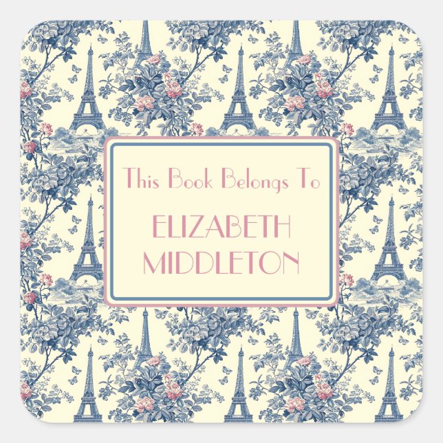 Preppy Parisian Toile Eiffel Tower Bookplate Square Sticker (Front)