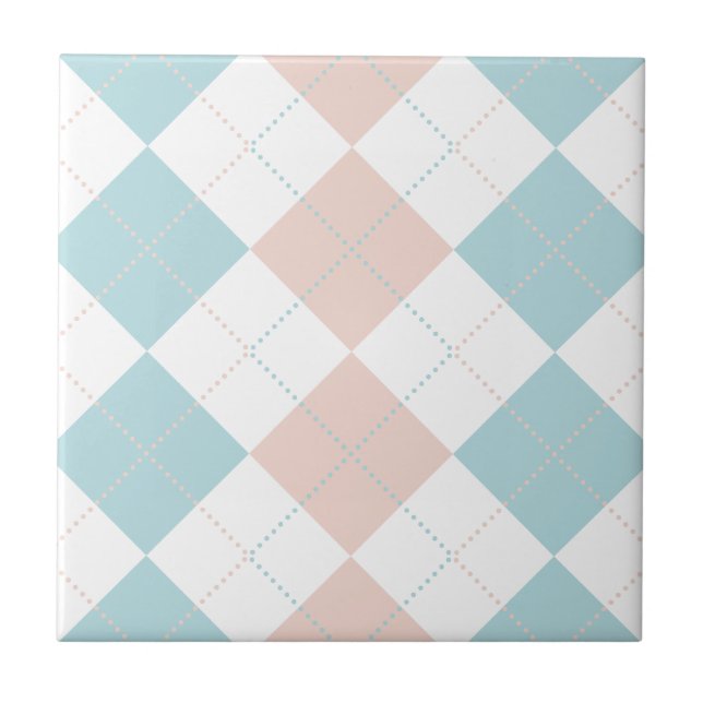 Preppy Pastel Blue and Pink Chequered Patterns Tile (Front)