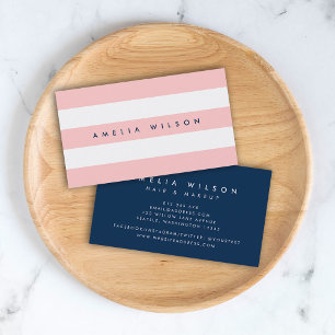Preppy Pastel Coral Pink and White Stripes Blue Business Card