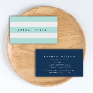 Preppy Pastel Mint and White Stripes Blue Business Card