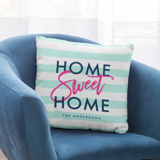 Preppy Pastel Mint & White Blue Home Sweet Home Throw Pillow (Creator Uploaded)