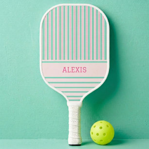 Preppy Pastel Pink Mint Stripes Personalized Pickleball Paddle