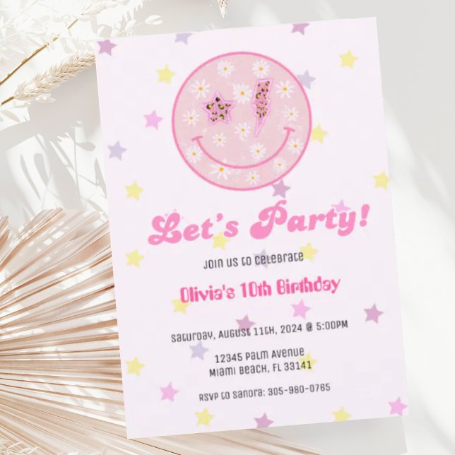 Preppy Pastel Pink Y2K Happy Face Party Birthday Invitation (Creator Uploaded)