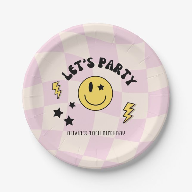 Preppy Pastel Pink Y2K Retro Birthday Paper Plate (Front)