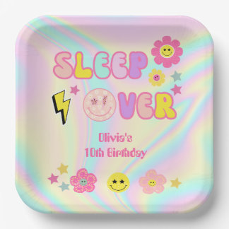 Preppy Pastel Pink Y2K Sleep Over Birthday Paper Plate
