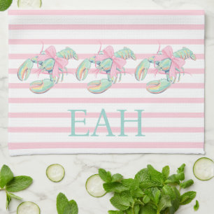 Preppy Pastel Watercolor Lobster Monogram Kitchen Towel