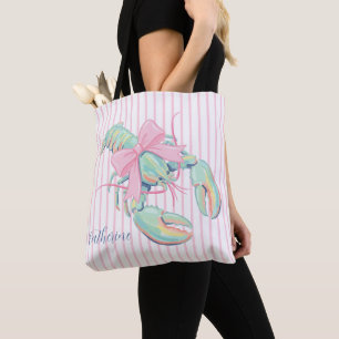 Preppy Pastel Watercolor Lobster on Stripes Tote Bag