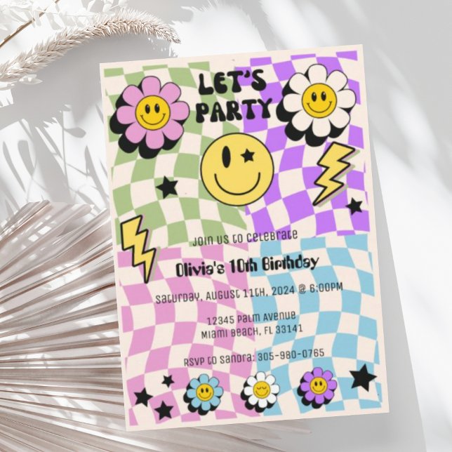 Preppy Pastel Y2K Retro Happy Face Party Birthday Invitation (Creator Uploaded)