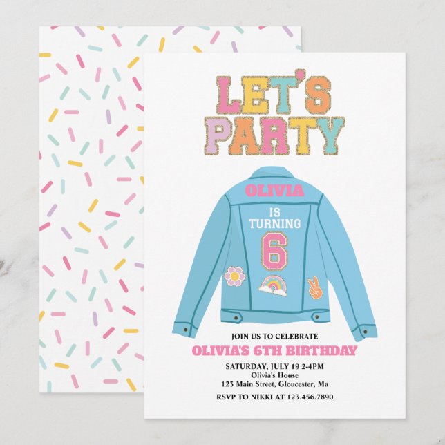 Preppy Patch jean jacket 6TH Birthday Invitation (Front/Back)