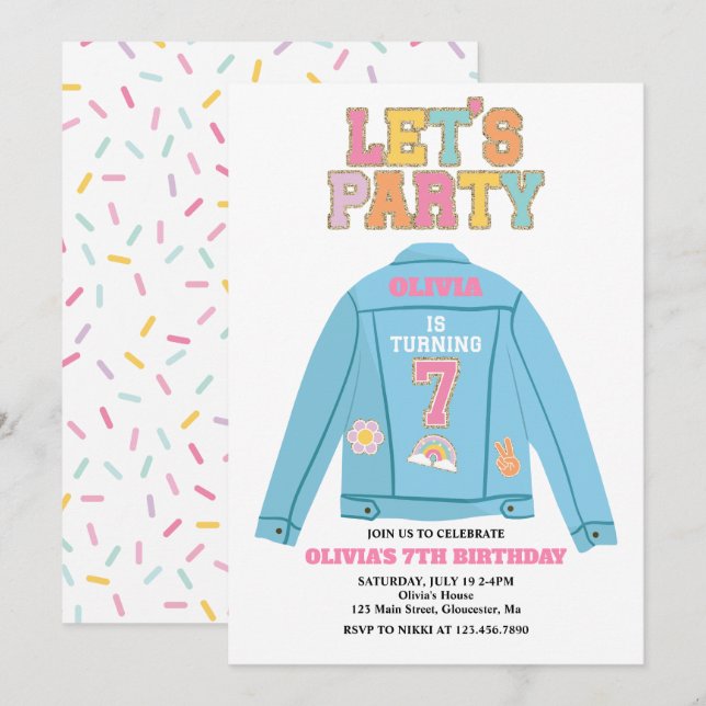 Preppy Patch jean jacket 7TH Birthday Invitation (Front/Back)
