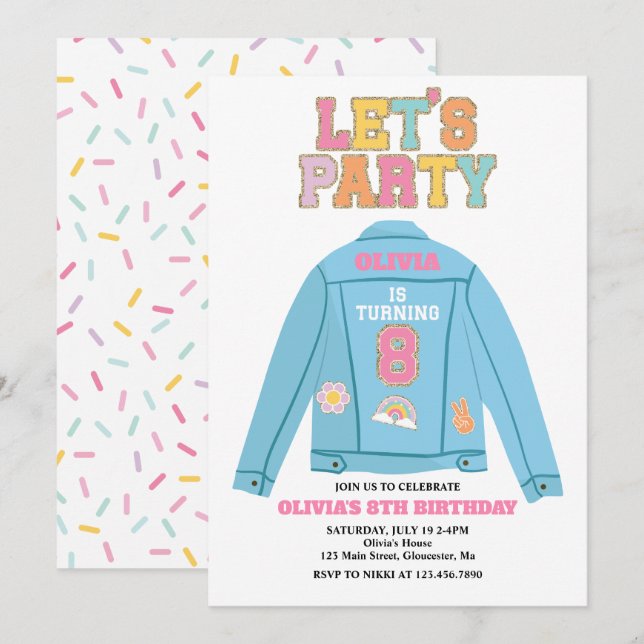 Preppy Patch jean jacket 8TH Birthday Invitation (Front/Back)