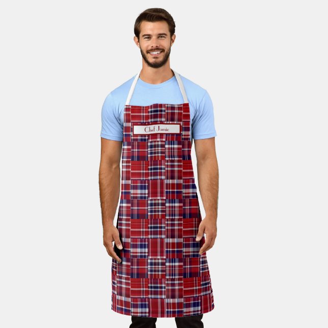 Preppy Patchwork Madras Deep Red Navy White Apron (Worn)