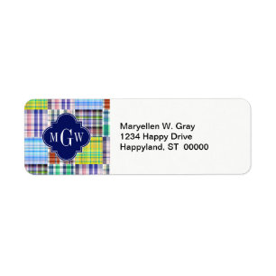 Preppy Patchwork Madras Navy Quatrefoil  Monogram