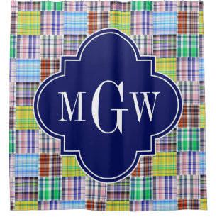Preppy Patchwork Madras Navy Quatrefoil  Monogram