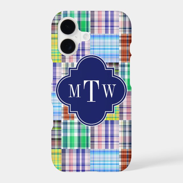 Preppy Patchwork Madras Navy Quatrefoil Monogram (Back)