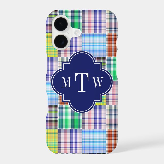 Preppy Patchwork Madras Navy Quatrefoil  Monogram (Back)