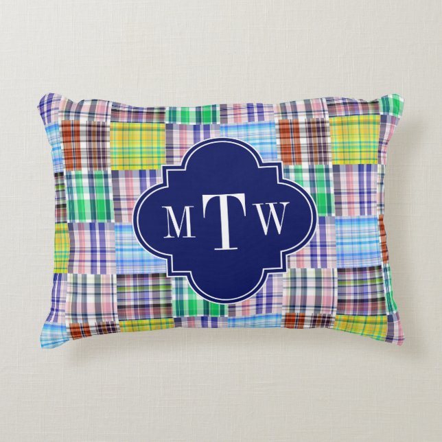 Preppy Patchwork Madras Navy Quatrefoil  Monogram Accent Pillow (Front)