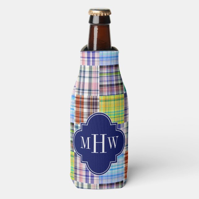 Preppy Patchwork Madras Navy Quatrefoil  Monogram Bottle Cooler (Bottle Front)