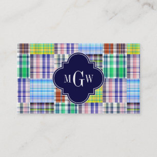 Preppy Patchwork Madras Navy Quatrefoil  Monogram Business Card