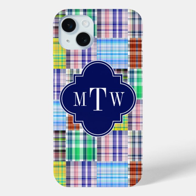 Preppy Patchwork Madras Navy Quatrefoil  Monogram Case-Mate iPhone Case (Back)