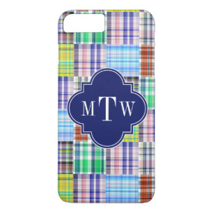 Preppy Patchwork Madras Navy Quatrefoil Monogram iPhone 8 Plus/7 Plus Case