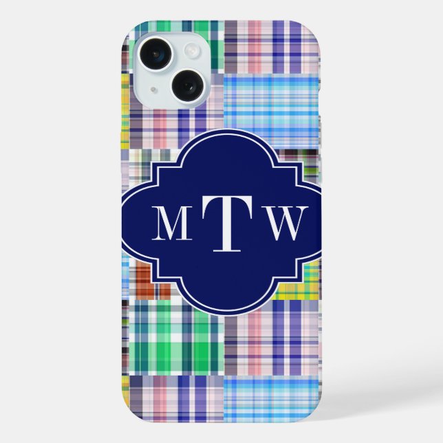 Preppy Patchwork Madras Navy Quatrefoil  Monogram iPhone Case (Back)