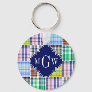 Preppy Patchwork Madras Navy Quatrefoil  Monogram Keychain