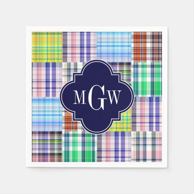 Preppy Patchwork Madras Navy Quatrefoil  Monogram Napkin (Front)