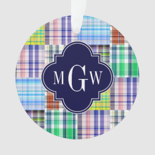 Preppy Patchwork Madras Navy Quatrefoil  Monogram Ornament