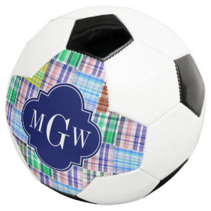 Preppy Patchwork Madras Navy Quatrefoil  Monogram Soccer Ball