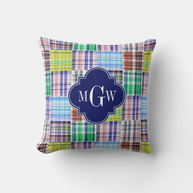Preppy Patchwork Madras Navy Quatrefoil  Monogram Throw Pillow (Front)
