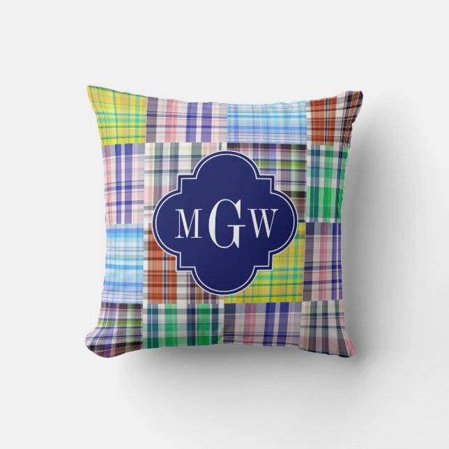 Preppy Patchwork Madras Navy Quatrefoil  Monogram Throw Pillow (Front)